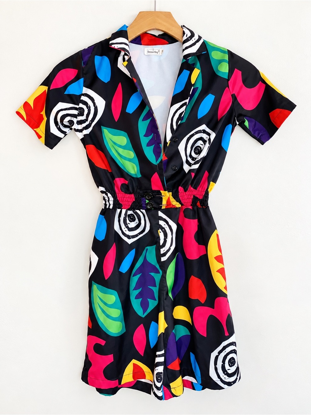 Vintage 80s Romper Jumpsuit Colorful Abstract Print Stranger Things Eleven Style